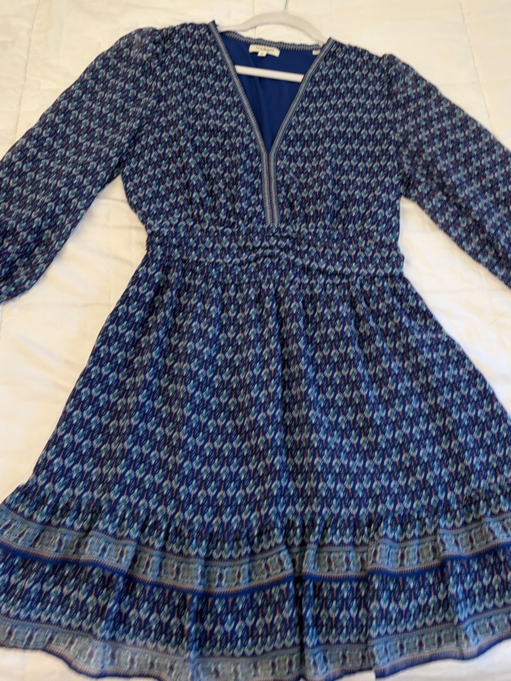 Max Studio Navy & Light Blue Printed Long-Sleeve Smocked Dress